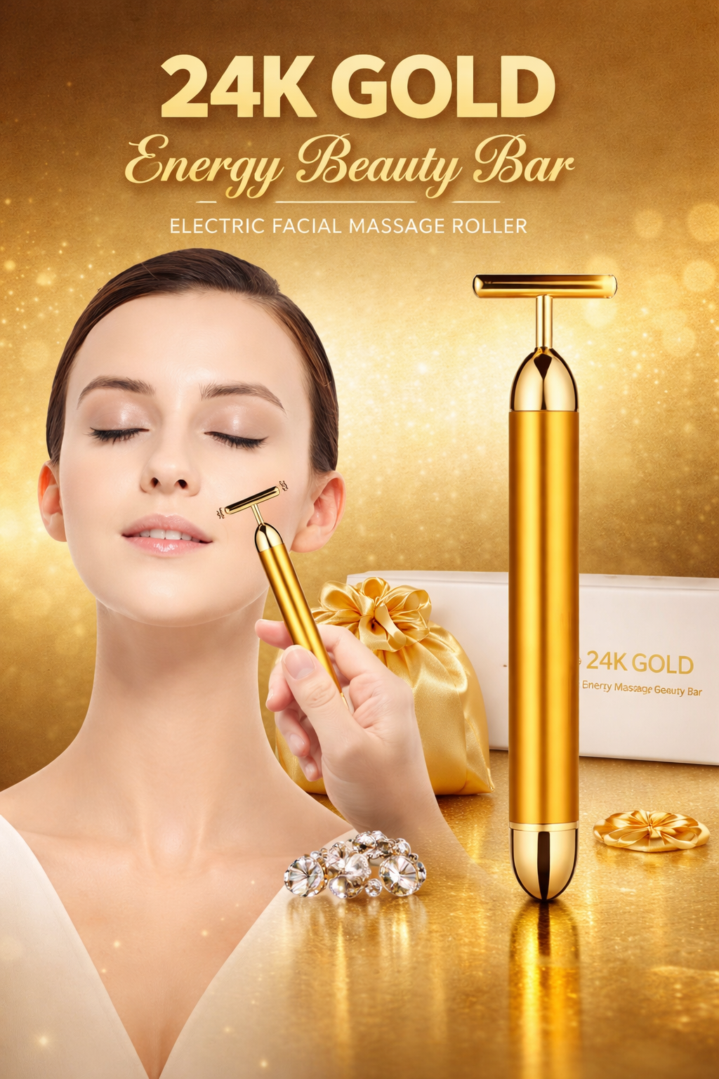 24K Gold Energy Beauty Bar Electric Facial Massage Roller